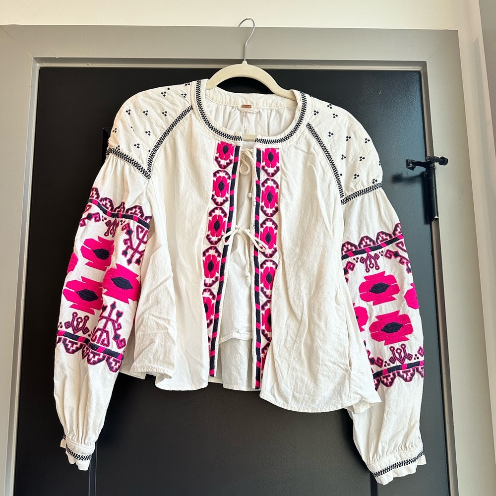 Free people shirt / jacket with pink floral stitching design. Size S.
